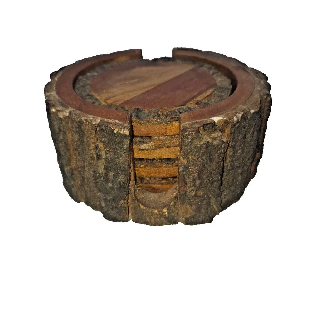 Set of 4 Rustic Primitive Live Edge Wooden Coasters with Holder